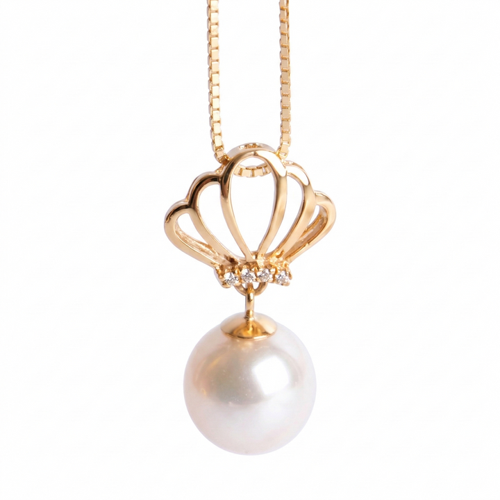Japanese Akoya Cultured Pearl Crown Necklace in 14K Yellow Gold with Crystal Accents – 7.5–8 mm