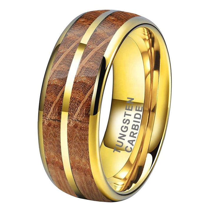 14K Yellow Gold and Tungsten Whisky Barrel Wood Inlay Ring