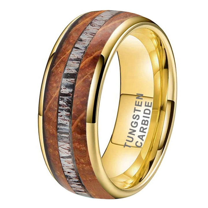14K Gold and Tungsten Whisky Wood Deer Antler Inlay Ring