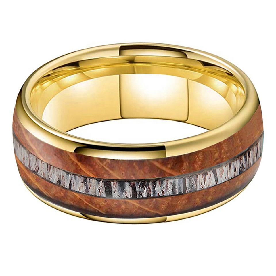 14K Gold and Tungsten Whisky Wood Deer Antler Inlay Ring