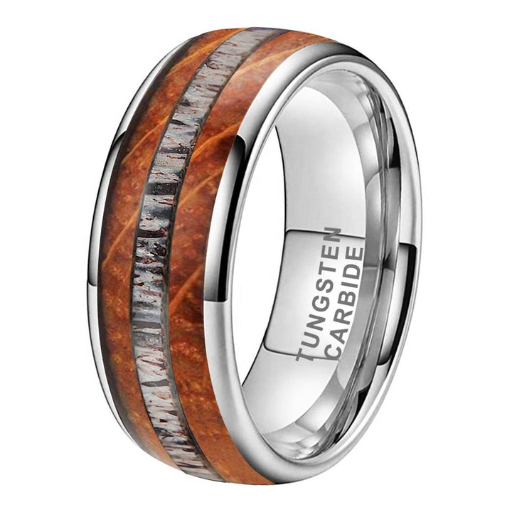 Silver and Tungsten Whisky Wood Deer Antler Inlay Ring