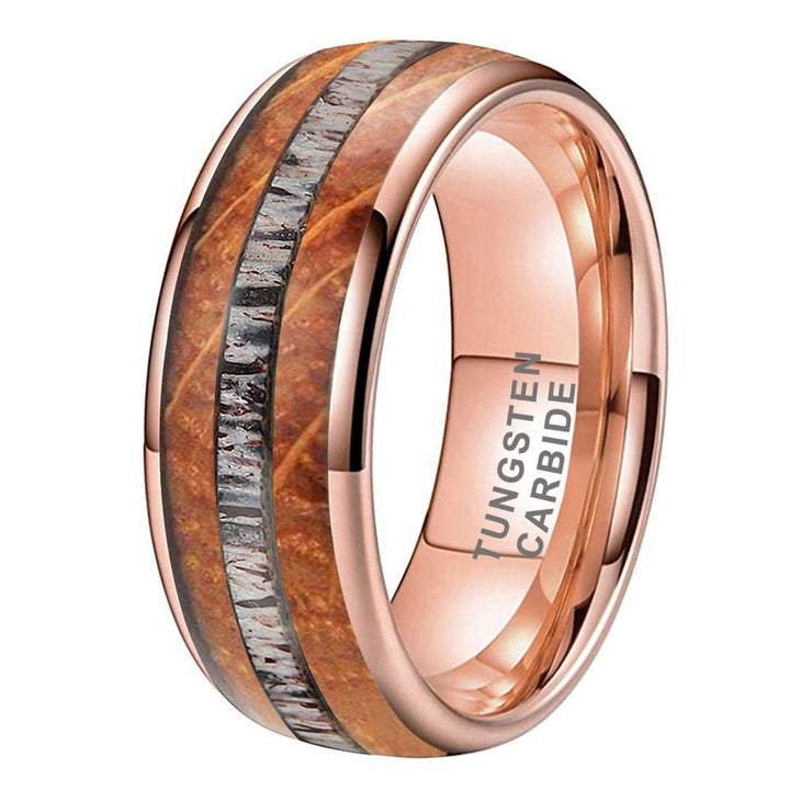 14K Rose Gold and Tungstun Whisky Wood Deer Antler Inlay Ring