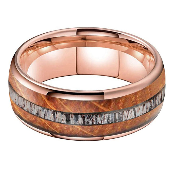 14K Rose Gold and Tungstun Whisky Wood Deer Antler Inlay Ring