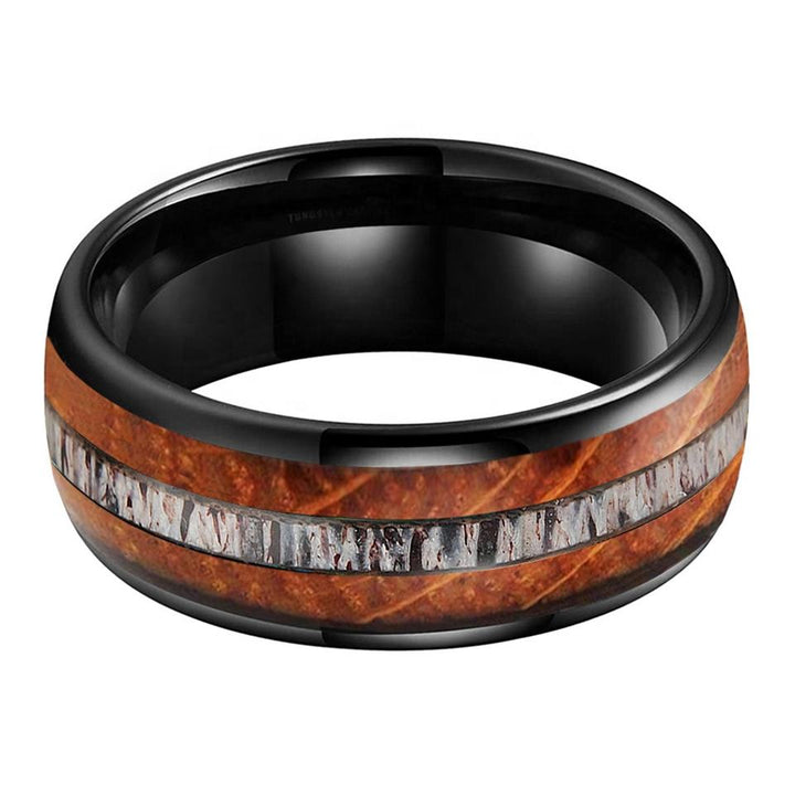 Black Tungsten Whisky Wood Deer Antler Inlay Ring