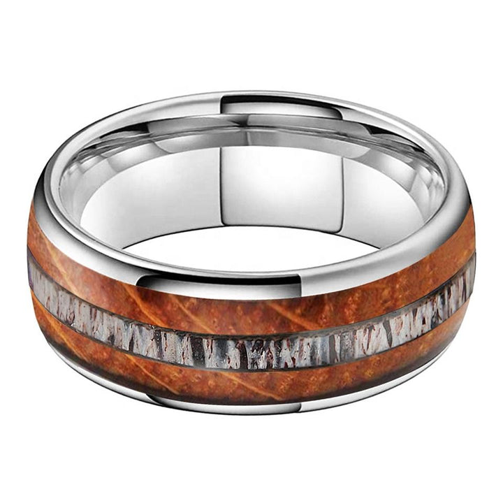 Silver and Tungsten Whisky Wood Deer Antler Inlay Ring