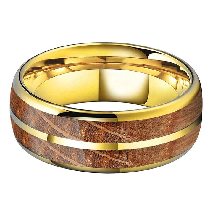14K Yellow Gold and Tungsten Whisky Barrel Wood Inlay Ring