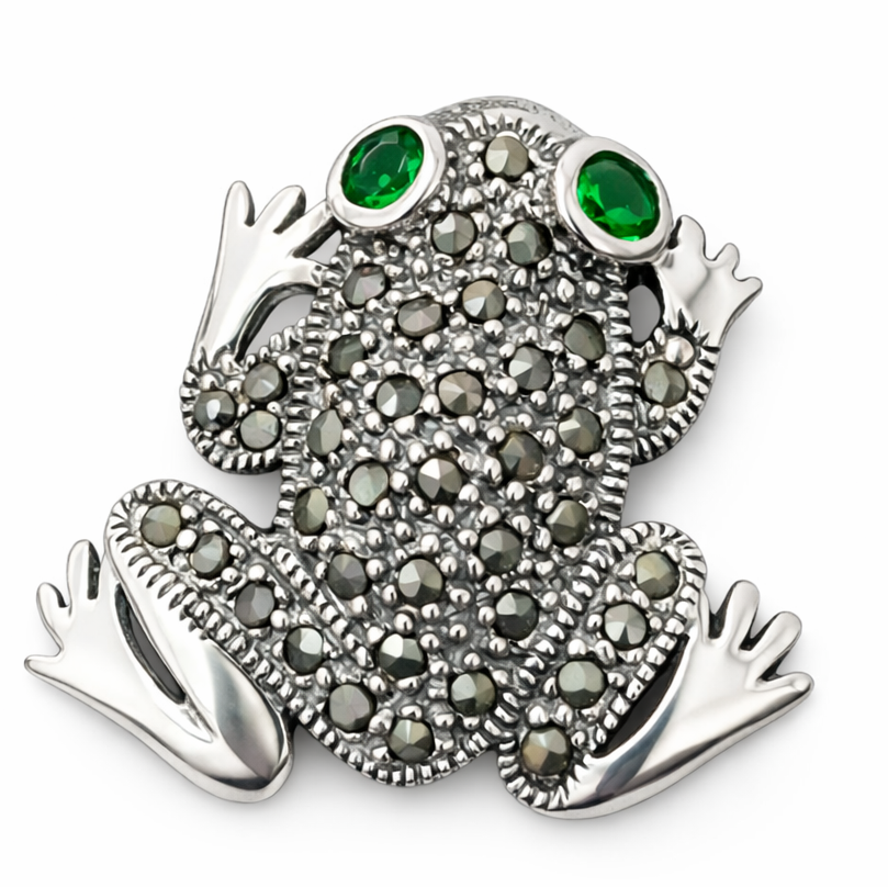 Sterling Silver Frog Brooch with Green Gem Eyes – 1.1 Inch Marcasite Frog Pin