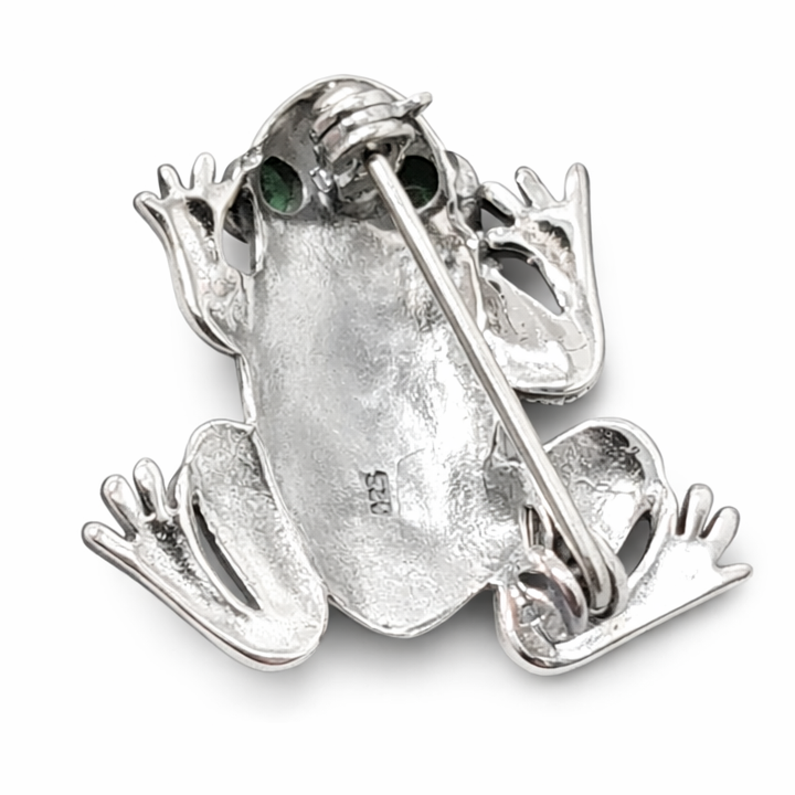 Sterling Silver Frog Brooch with Green Gem Eyes – 1.1 Inch Marcasite Frog Pin