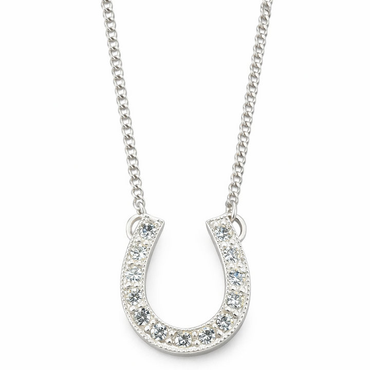 Sterling Silver Horseshoe Necklace with Diamond Simulants – 16 Inch Chain Lucky Horseshoe Pendant