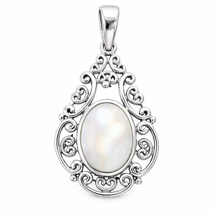 Sterling Silver Mother of Pearl Filigree Pendant – 1 3/8" Oval Mother of Pearl Vintage Style Necklace Charm