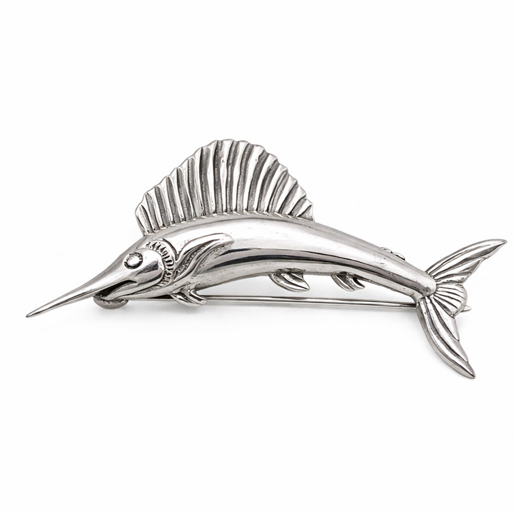Sterling Silver Sailfish Brooch Pin – 925 Silver Swordfish Fish Brooch 1.85" Long