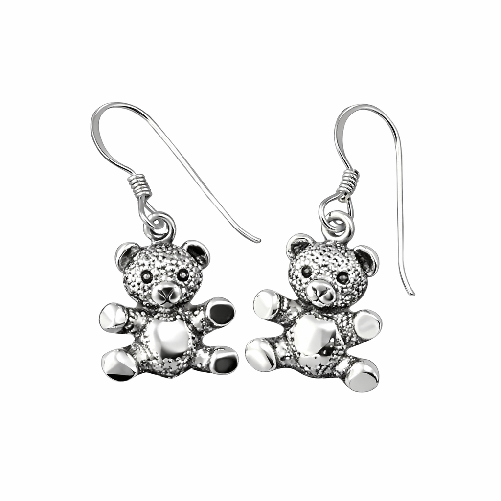 Sterling Silver Teddy Bear Dangle Earrings .925 Silver Bear Earrings French Hook Cute Animal Jewelry 1/2"