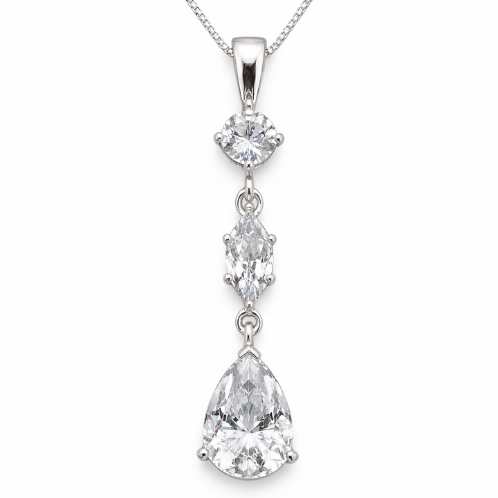 Crystal Pendant Necklace Sterling Silver – 1.5" Drop with Round, Marquise & Pear Crystal Stones on 16" Box Chain
