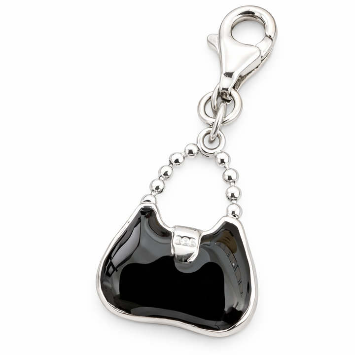 1.05 Inch Handbag Charm with Clasp – Sterling Silver Black Enamel Purse Dangle Charm for Bracelets & Necklaces