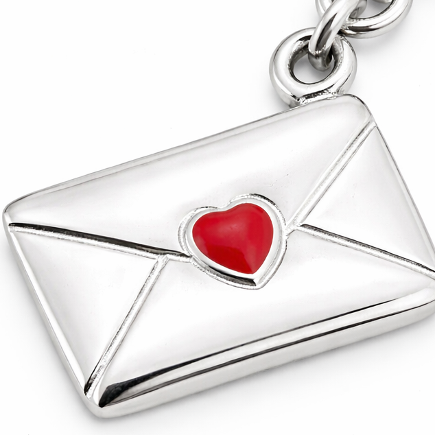 1.15 Inch Envelope Charm with Clasp – Sterling Silver Love Letter Dangle Charm with Red Heart Accent for Bracelets & Necklaces