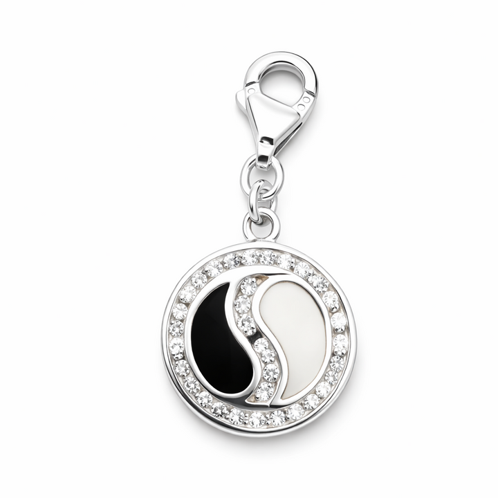 Sterling Silver Yin Yang Charm Pendant with Lobster Clasp – 1.1 Inch Drop with Bail – CZ Accented Black & White Enamel Balance Charm