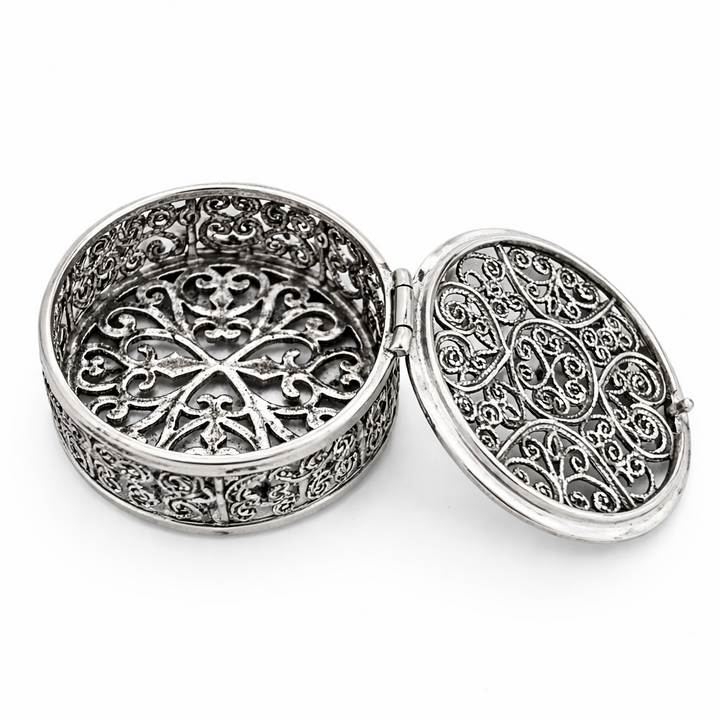Sterling Silver Filigree Hinged Locket Box – 1.3 Inch Diameter, 0.55 Inch High Round Jewelry Keepsake Case