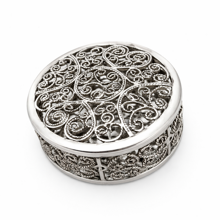 Sterling Silver Filigree Hinged Locket Box – 1.3 Inch Diameter, 0.55 Inch High Round Jewelry Keepsake Case