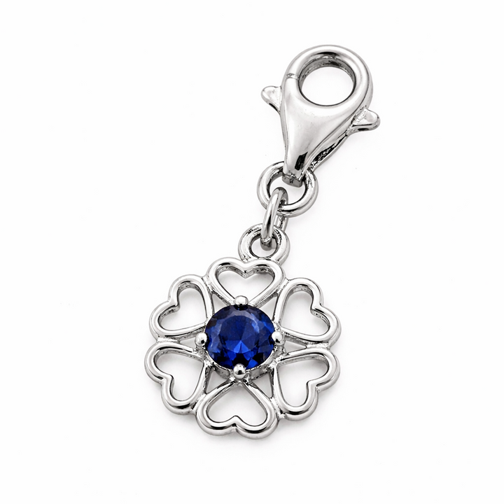 Sterling Silver Heart Flower Charm – Blue Crystal Pendant w/ Clasp 1.1" Drop