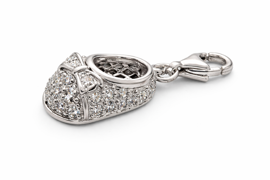 Sterling Silver Shoe Charm w/ CZ – 1.25" Drop Pendant with Clasp