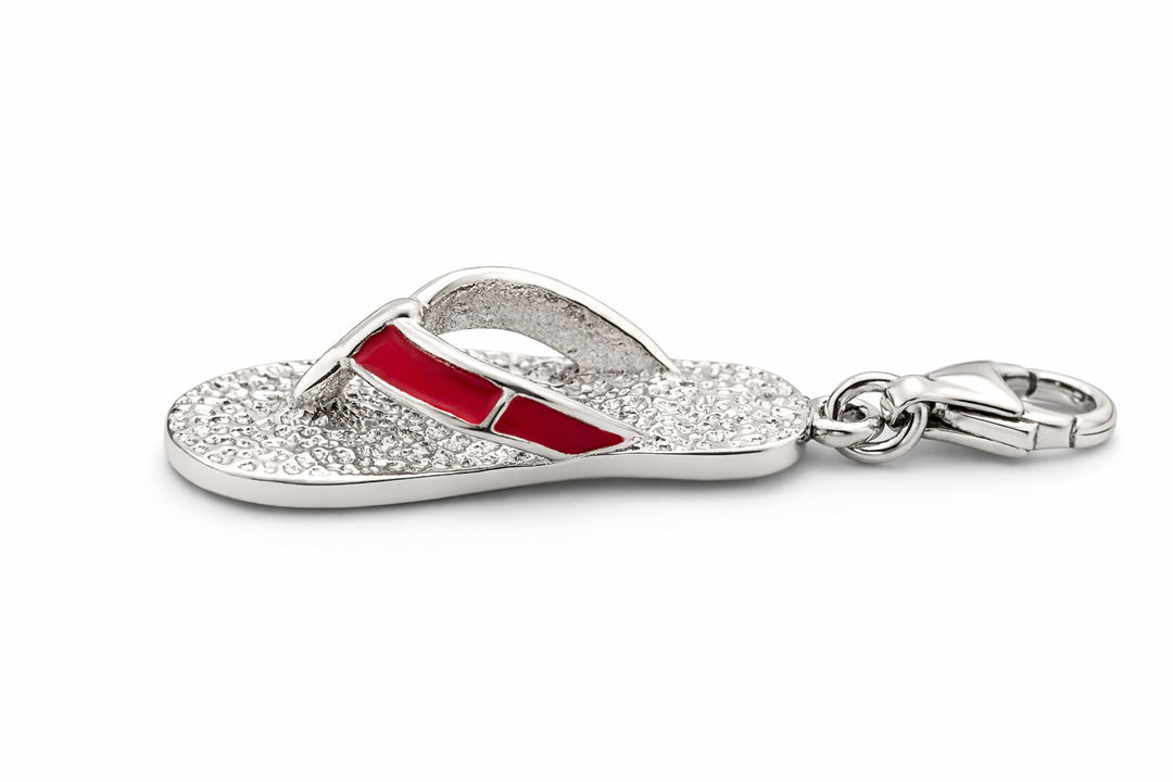 Sterling Silver Flip Flop Charm – 1.5" Drop w/ Clasp, Red Enamel Sandal