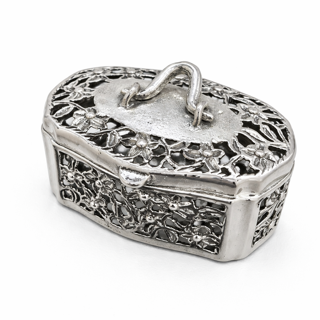 Sterling Silver Filigree Trinket Box – 1.3” Long, 22.5 Gram Hinged Mini Jewelry Box