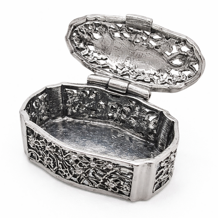 Sterling Silver Filigree Trinket Box – 1.3” Long, 22.5 Gram Hinged Mini Jewelry Box