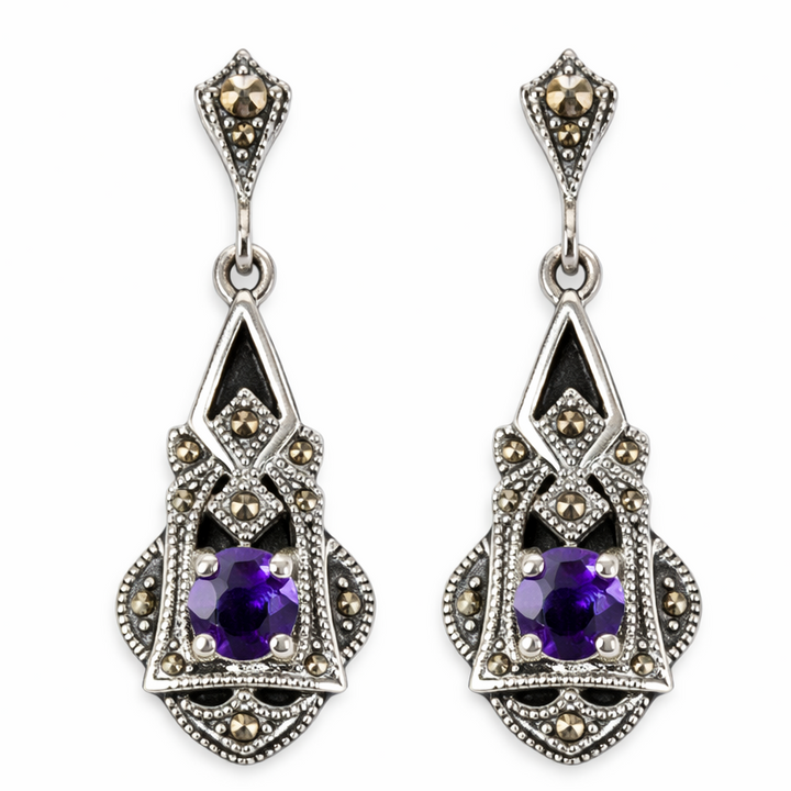Vintage Sterling Silver Amethyst & Marcasite Drop Earrings – 4.25 mm Round Amethyst – Approx. 0.65 CTW – 1.25" Dangle