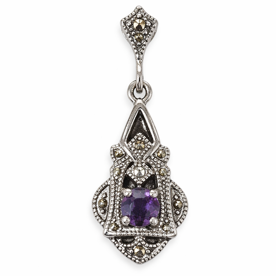 Vintage Sterling Silver Amethyst & Marcasite Drop Earrings – 4.25 mm Round Amethyst – Approx. 0.65 CTW – 1.25" Dangle