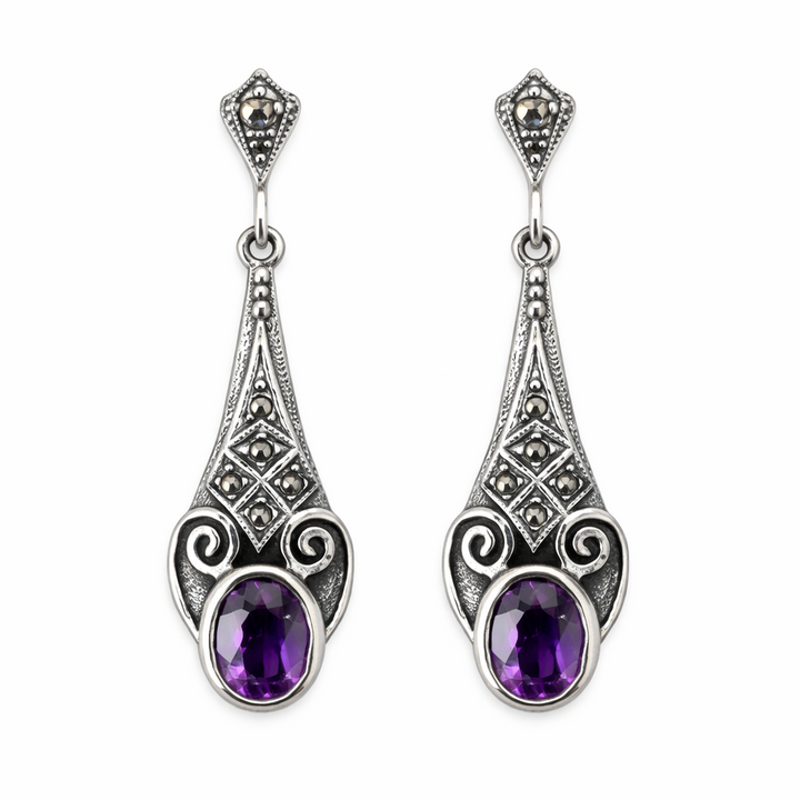 Vintage Sterling Silver Amethyst & Marcasite Dangle Earrings – 10×7 mm Oval Amethyst – 1.85" Long Art Deco Style