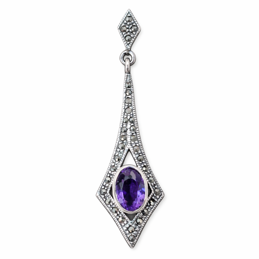Vintage-Style Sterling Silver Marcasite Dangle Earrings with 10 x 8 mm Amethyst – 2 Inch Drop
