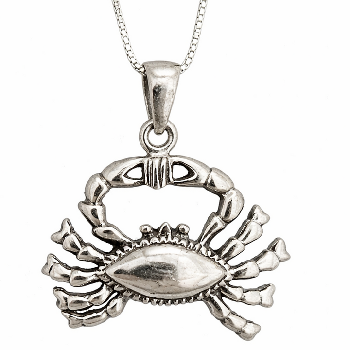 Sterling Silver Crab Pendant Necklace – 16" Chain, 1" Wide Ocean Crab Charm