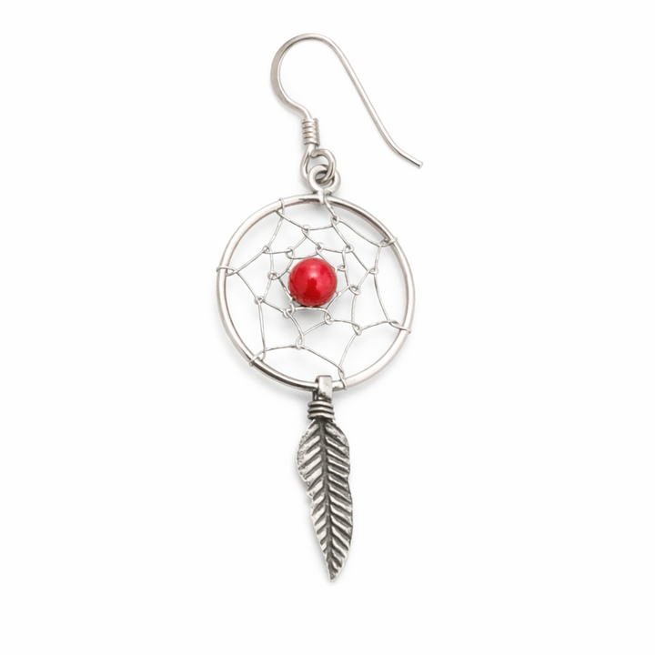 Sterling Silver Dreamcatcher Earrings with Red Simulated Coral – 1.5" Drop