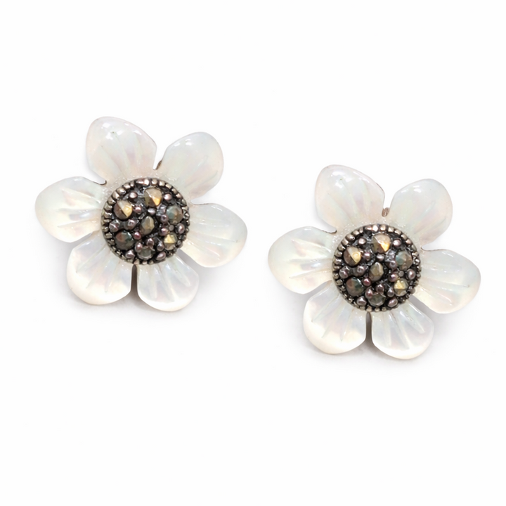 Mother of Pearl Flower Earrings with Marcasite Center – Sterling Silver, 0.5" Diameter