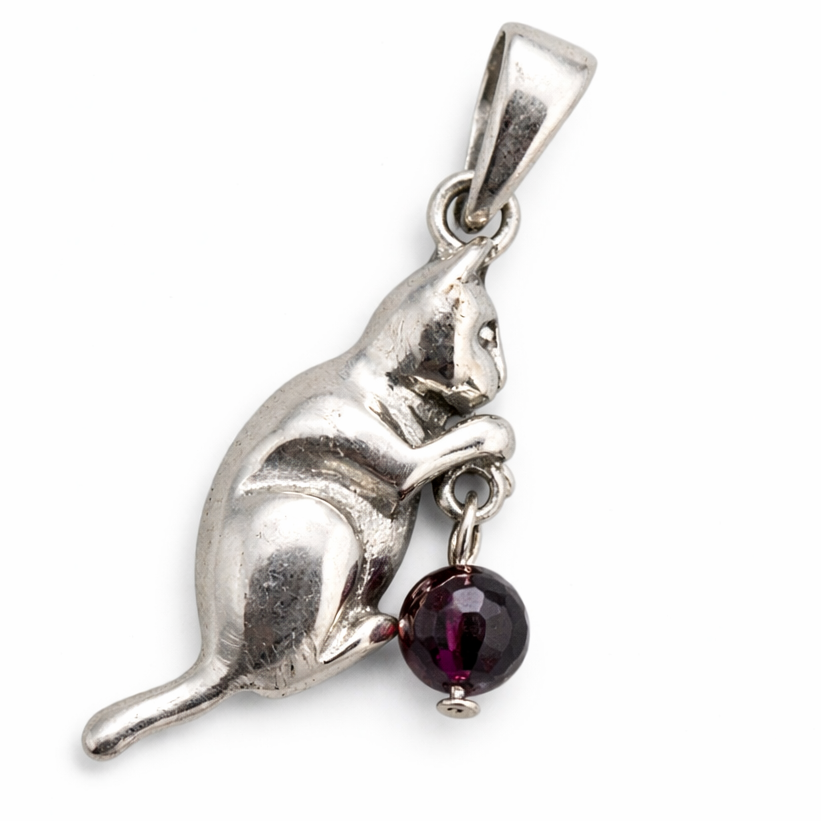 Sterling Silver Playful Cat Pendant with Garnet Bead – 1 1/4 Inch Including Bail