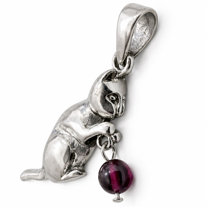Sterling Silver Playful Cat Pendant with Garnet Bead – 1 1/4 Inch Including Bail