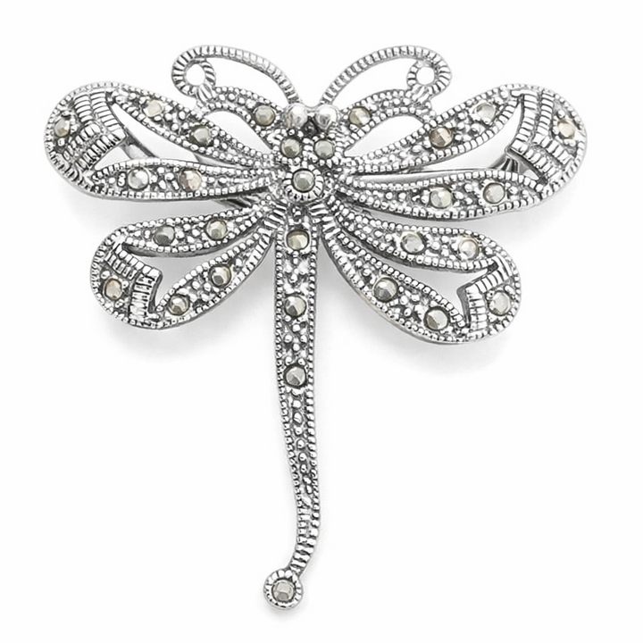 Sterling Silver Marcasite Dragonfly Brooch Pin – Vintage Style 1.5 Inch Nature Jewelry