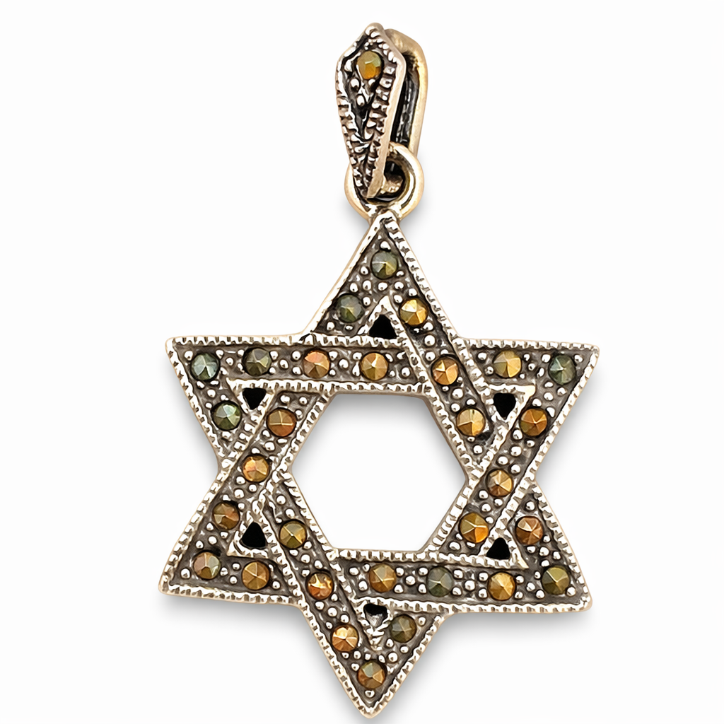 Sterling Silver Marcasite Star of David Pendant – 1.25" Jewish Magen David Necklace Charm .925