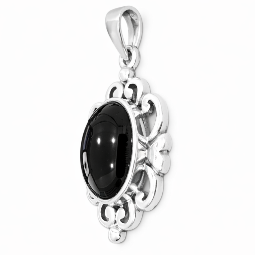 Sterling Silver Black Onyx Cabochon Pendant – 1.5 Inch Tall Including Bail