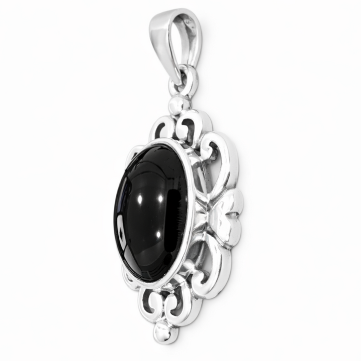 Sterling Silver Black Onyx Cabochon Pendant – 1.5 Inch Tall Including Bail