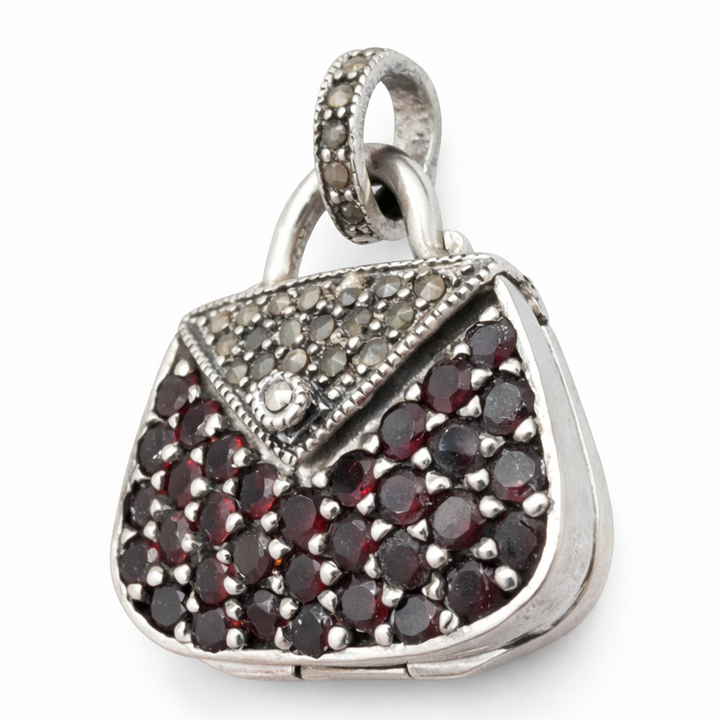 Sterling Silver Garnet & Marcasite Handbag Pendant – Vintage Style Purse Charm with 33 Garnet Stones (Approx. 1 1/4" with Bail)