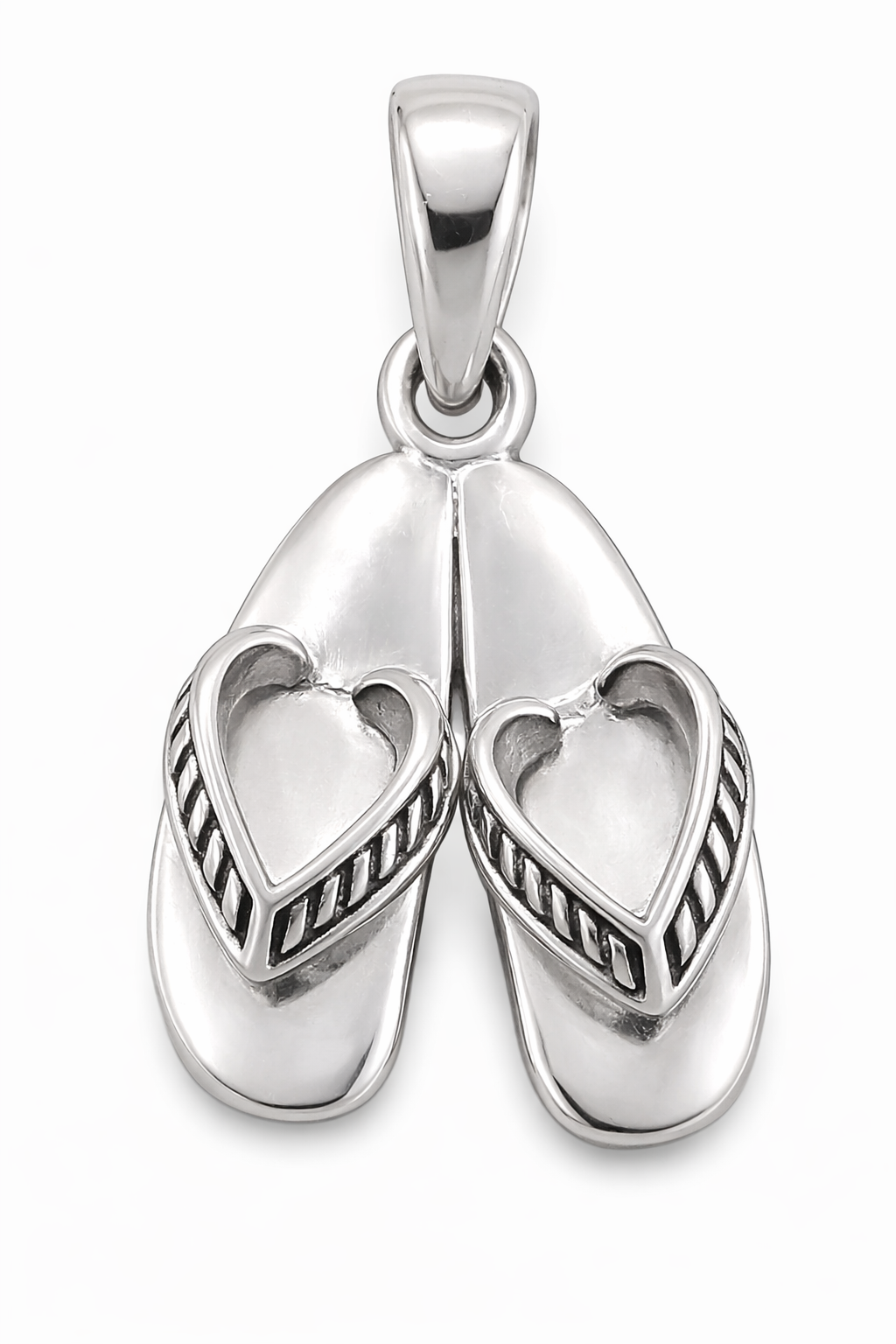 Sterling Silver Flip-Flop Sandal Pendant with Heart Straps – Beach Sandals Charm (1.1" with Bail)