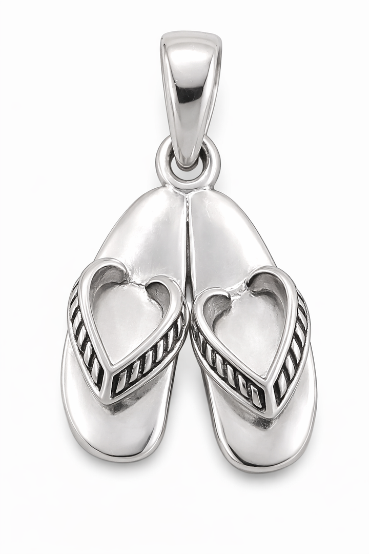 Sterling Silver Flip-Flop Sandal Pendant with Heart Straps – Beach Sandals Charm (1.1" with Bail)