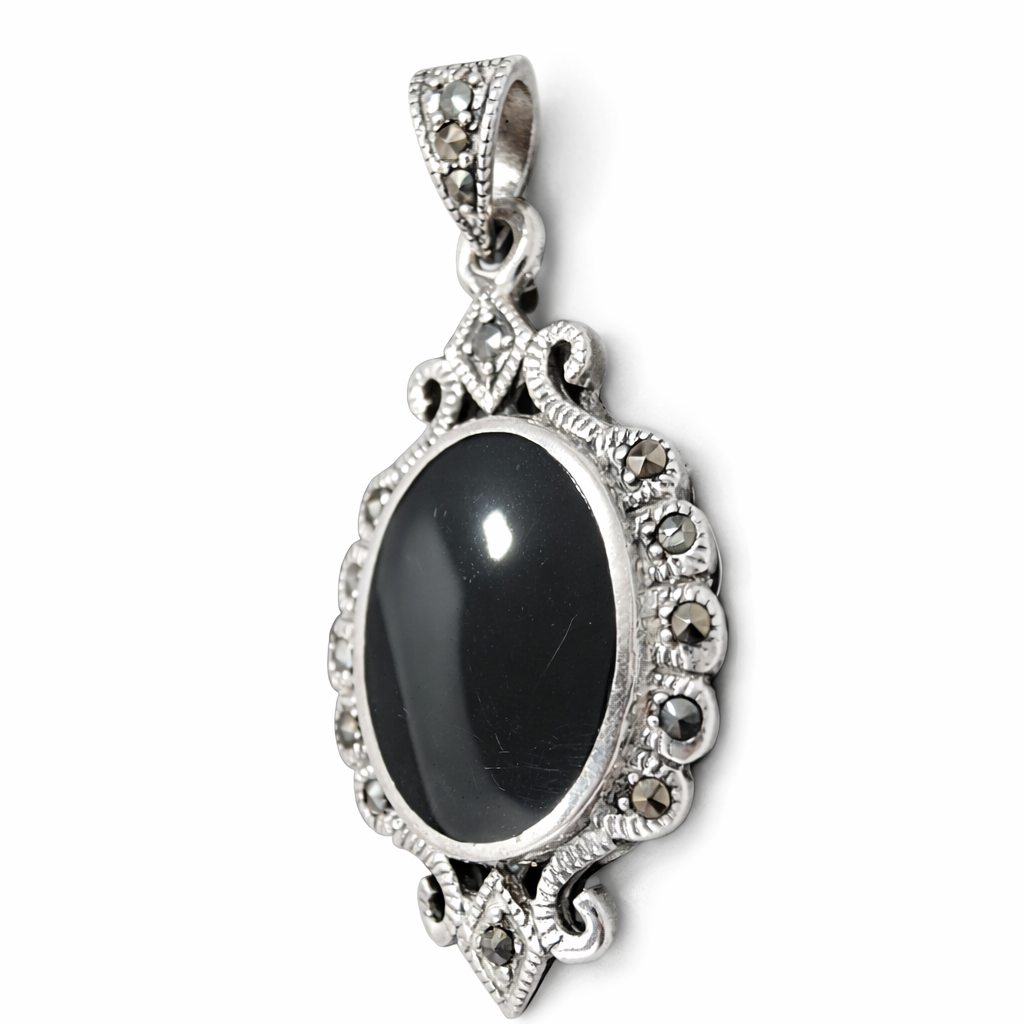 Sterling Silver Black Onyx & Marcasite Vintage Style Pendant – Oval Onyx Statement Necklace Charm (1.75" with Bail)