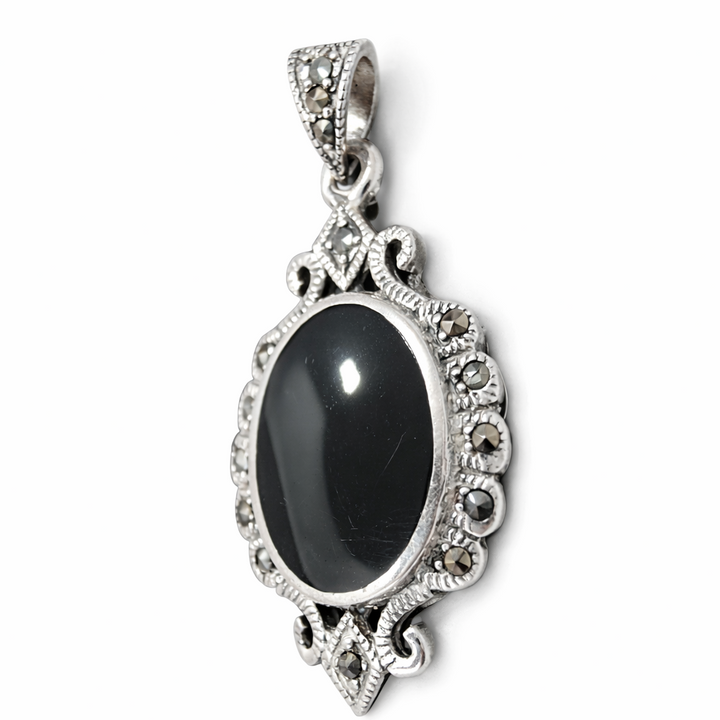Sterling Silver Black Onyx & Marcasite Vintage Style Pendant – Oval Onyx Statement Necklace Charm (1.75" with Bail)