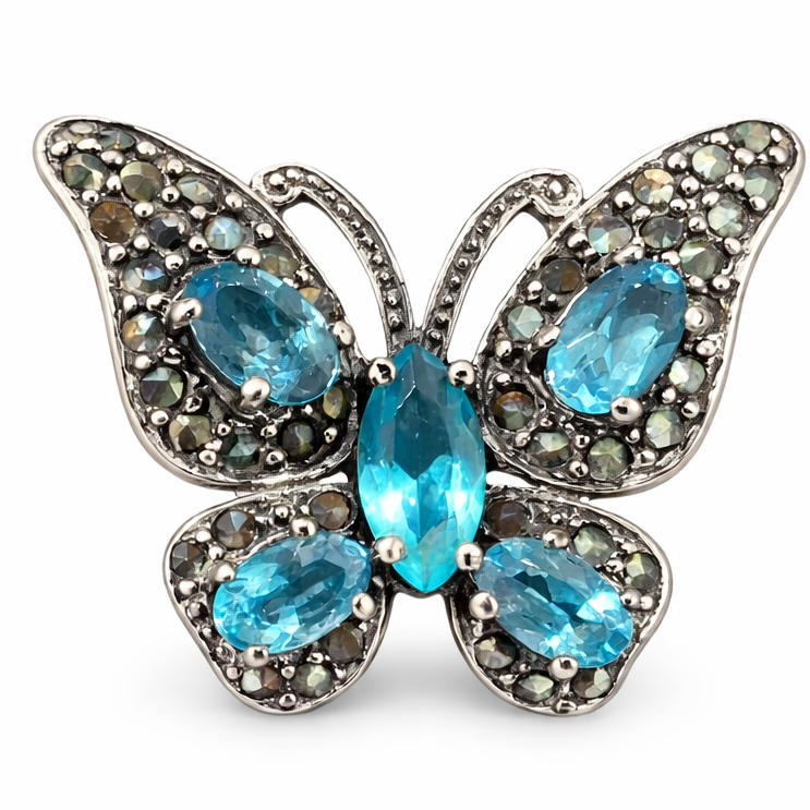 Vintage Sterling Silver Blue Topaz Butterfly Pendant 0.96" Wide – Marcasite & Topaz Gemstone Butterfly Necklace Charm 925 Silver Jewelry