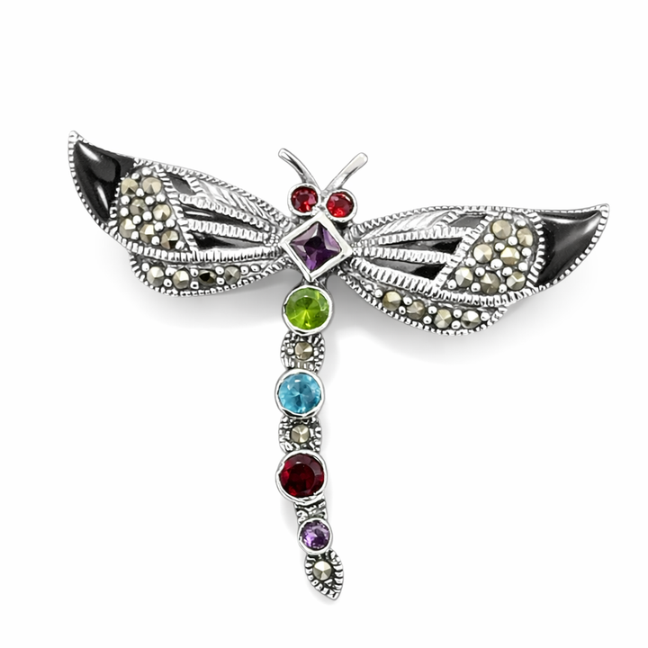 Vintage Sterling Silver Dragonfly Brooch – Marcasite and Multicolor Gemstone Pin – 2 Inch Dragonfly Jewelry