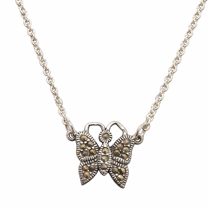 16" Sterling Silver Butterfly Necklace with Marcasite Stones – Vintage Style Pendant Chain
