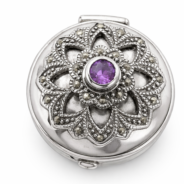 Sterling Silver Amethyst Pill Box – 1 Inch Round Marcasite Jewelry Box with 3.5mm Amethyst Stone