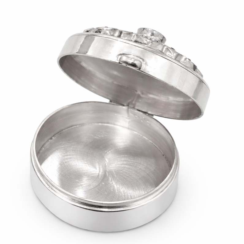Sterling Silver Amethyst Pill Box – 1 Inch Round Marcasite Jewelry Box with 3.5mm Amethyst Stone